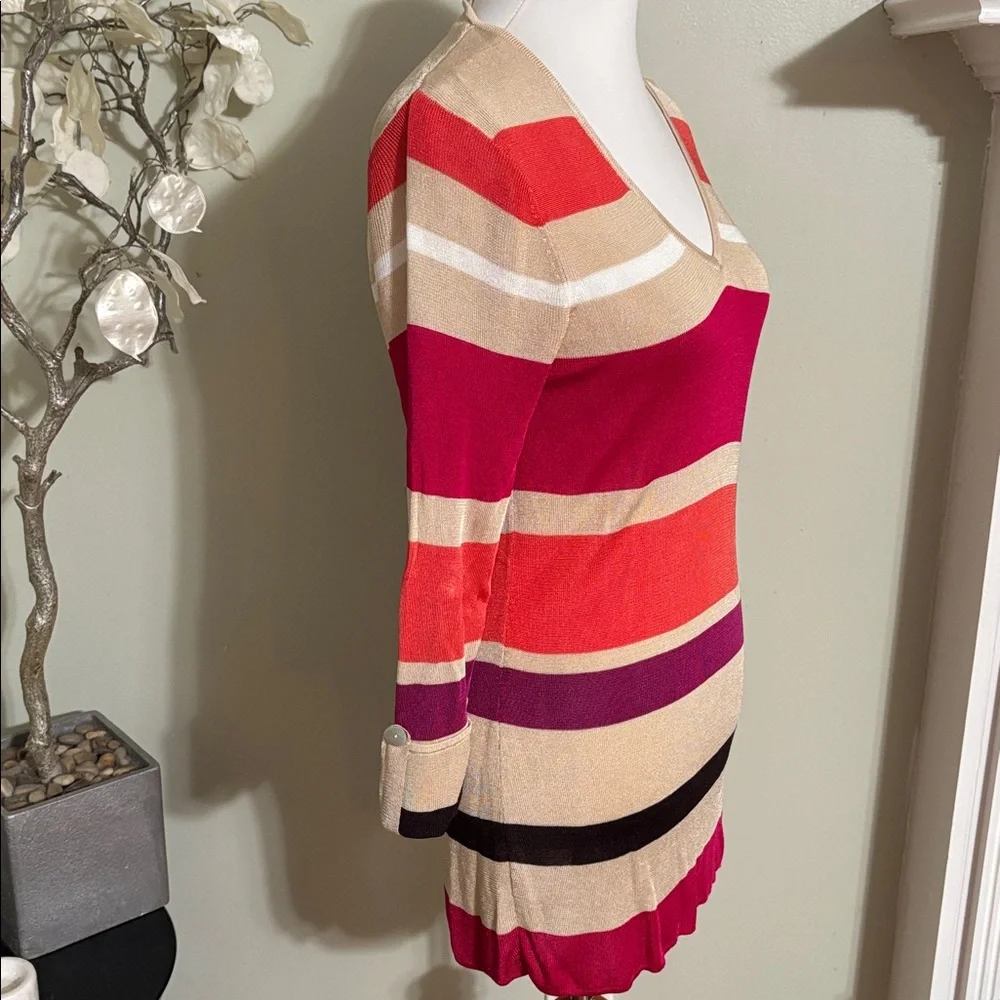 Chico's Red Tan Purple Striped V Neck Sweater Size 2